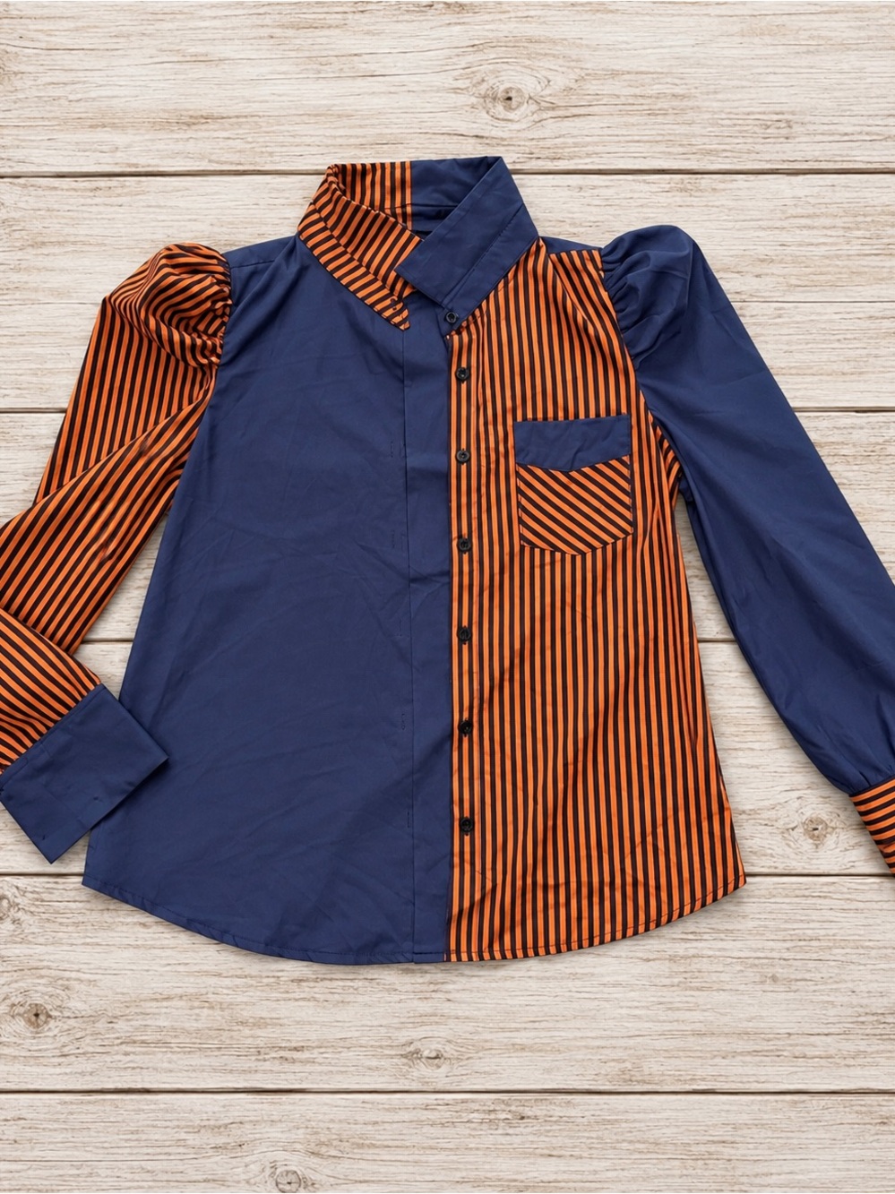 SHEIN Navy & Orange Striped Colorblock Button-Down Shirt
